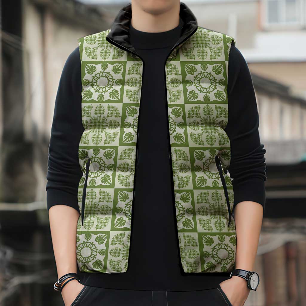 Omaomao Palaka Quilt Hawaii Sleeveless Puffer Jacket Hawaiian Tropical Monstera Sea Turtle