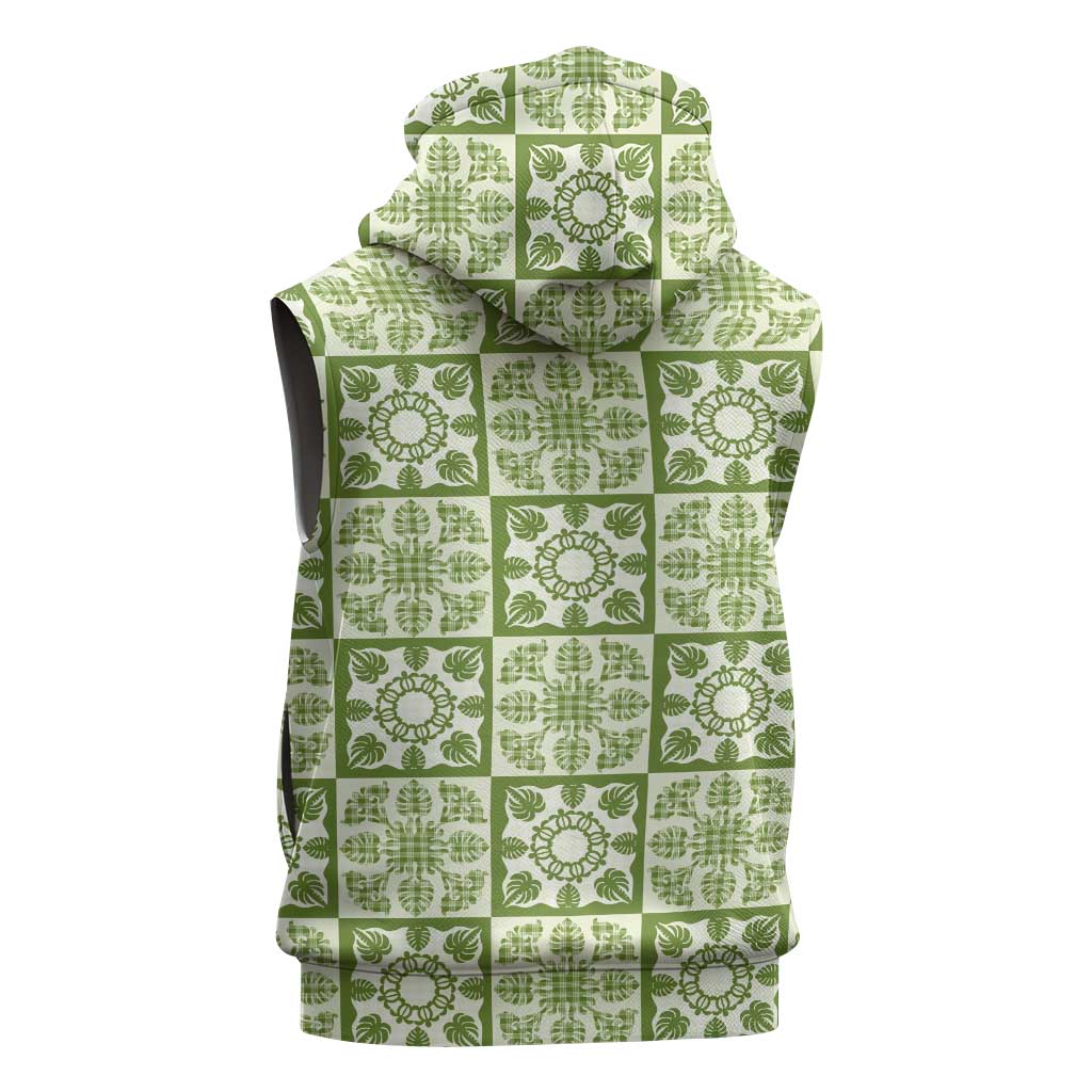 Omaomao Palaka Quilt Hawaii Sleeveless Zip Hoodie Hawaiian Tropical Monstera Sea Turtle