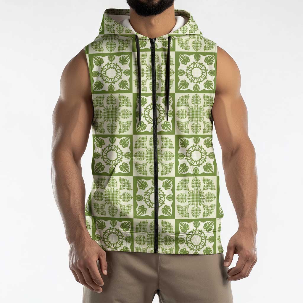 Omaomao Palaka Quilt Hawaii Sleeveless Zip Hoodie Hawaiian Tropical Monstera Sea Turtle