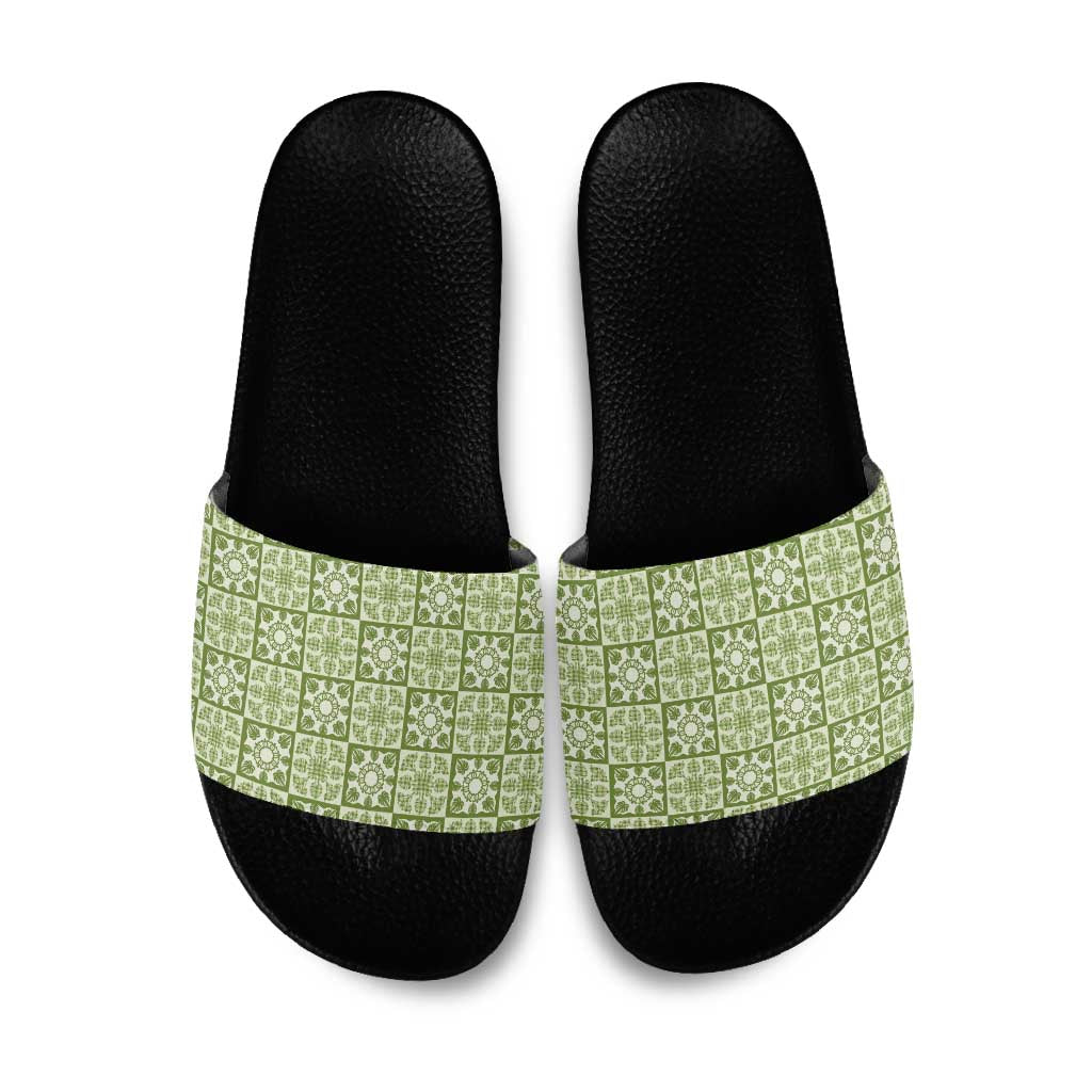 Omaomao Palaka Quilt Hawaii Slide Sandals Hawaiian Tropical Monstera Sea Turtle