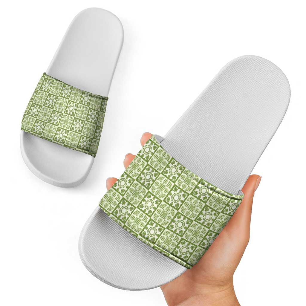 Omaomao Palaka Quilt Hawaii Slide Sandals Hawaiian Tropical Monstera Sea Turtle