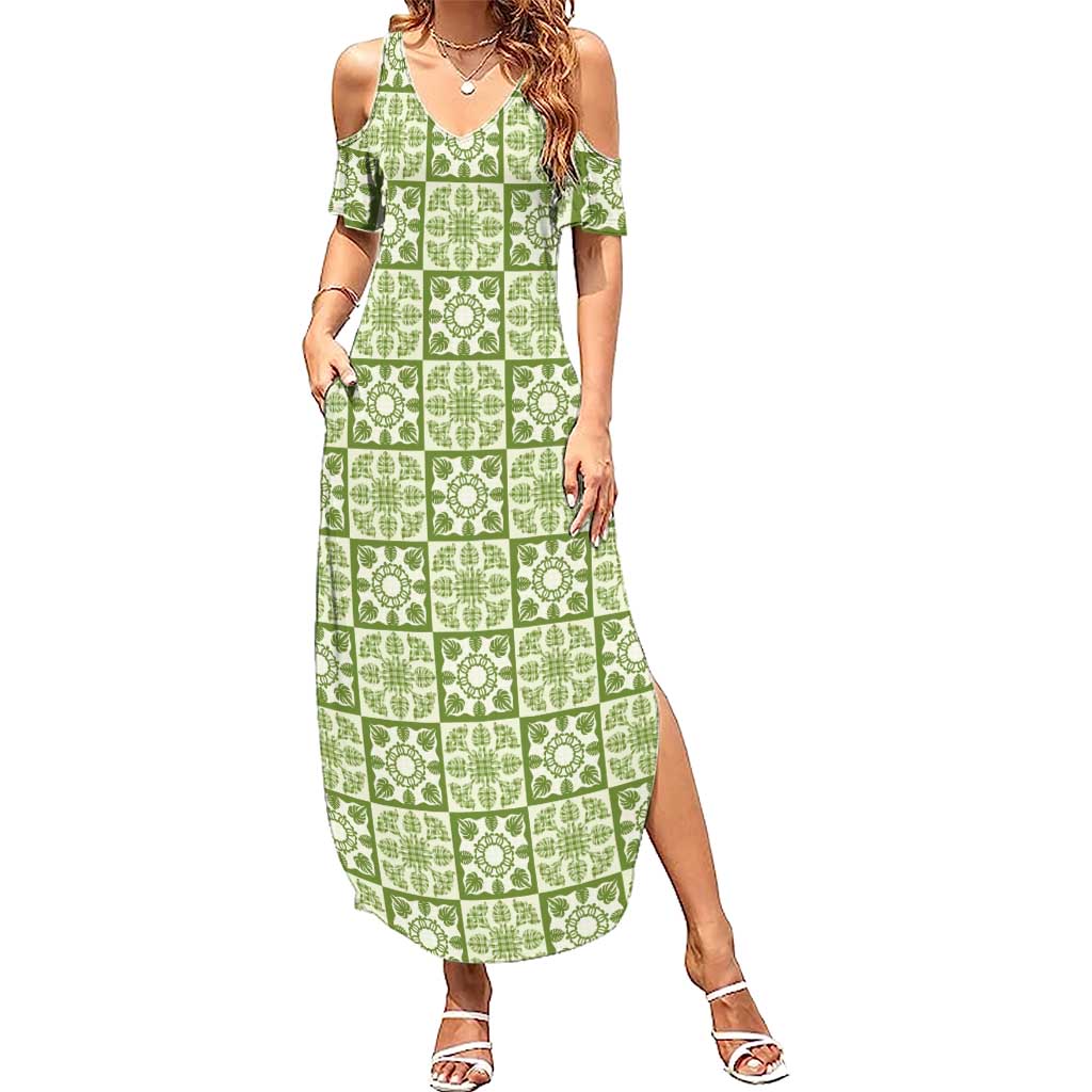 Omaomao Palaka Quilt Hawaii Summer Maxi Dress Hawaiian Tropical Monstera Sea Turtle