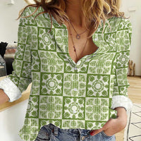 Omaomao Palaka Quilt Hawaii Women Casual Shirt Hawaiian Tropical Monstera Sea Turtle