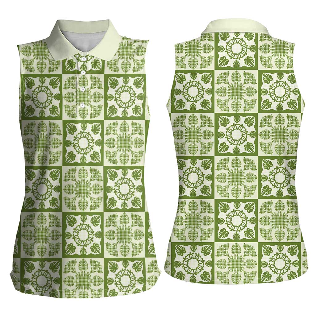 Omaomao Palaka Quilt Hawaii Women Sleeveless Polo Shirt Hawaiian Tropical Monstera Sea Turtle LT14 - Polynesian Pride