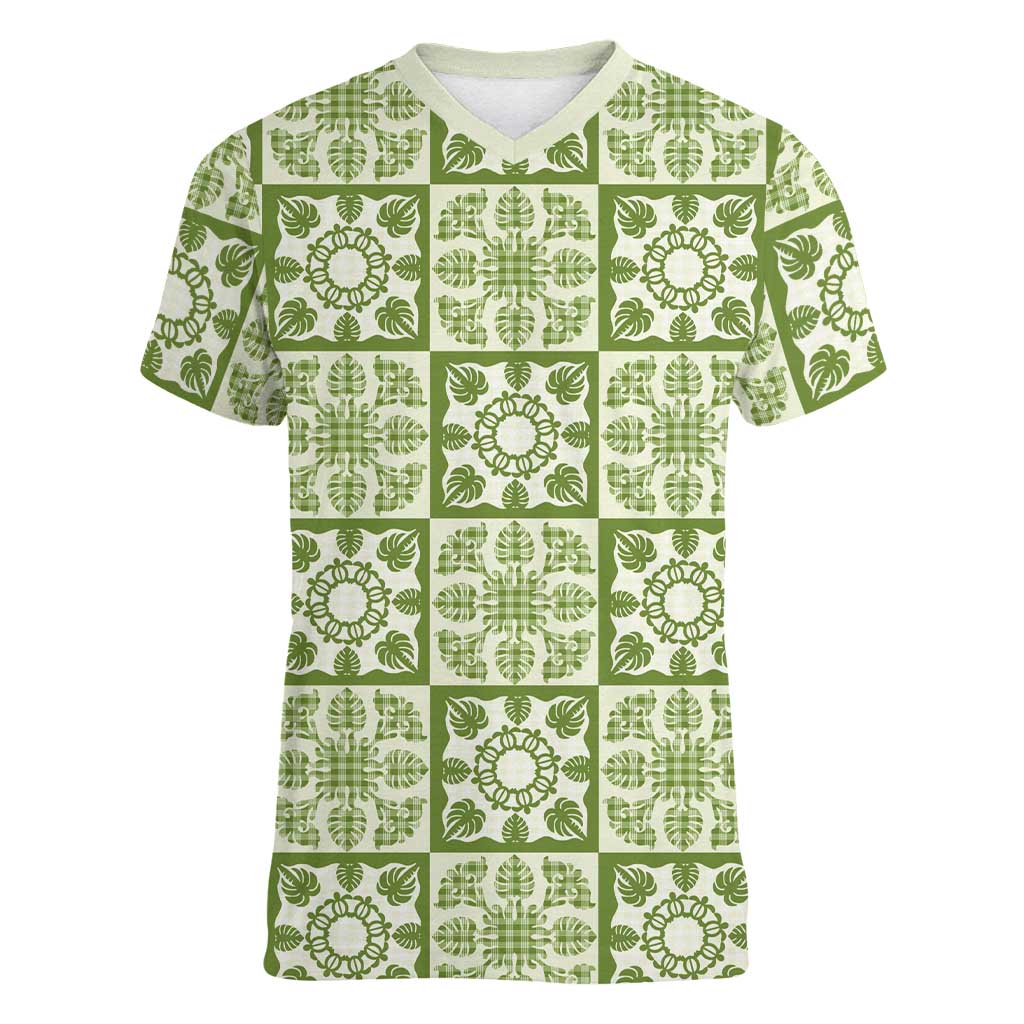 Omaomao Palaka Quilt Hawaii Women V-Neck T-Shirt Hawaiian Tropical Monstera Sea Turtle LT14 Female Green - Polynesian Pride