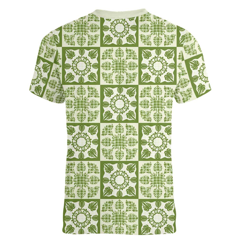 Omaomao Palaka Quilt Hawaii Women V-Neck T-Shirt Hawaiian Tropical Monstera Sea Turtle LT14 - Polynesian Pride