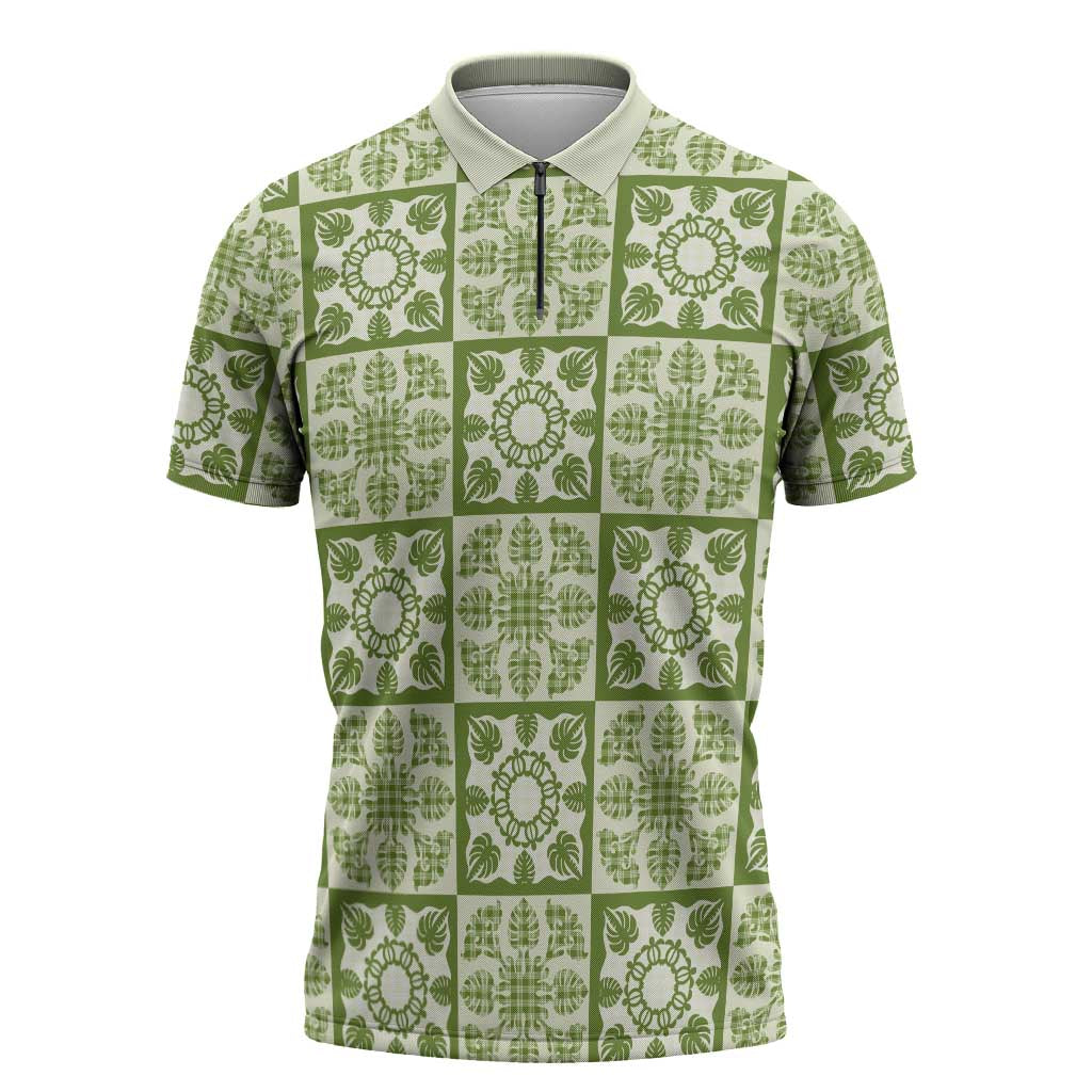 Omaomao Palaka Quilt Hawaii Zipper Polo Shirt Hawaiian Tropical Monstera Sea Turtle
