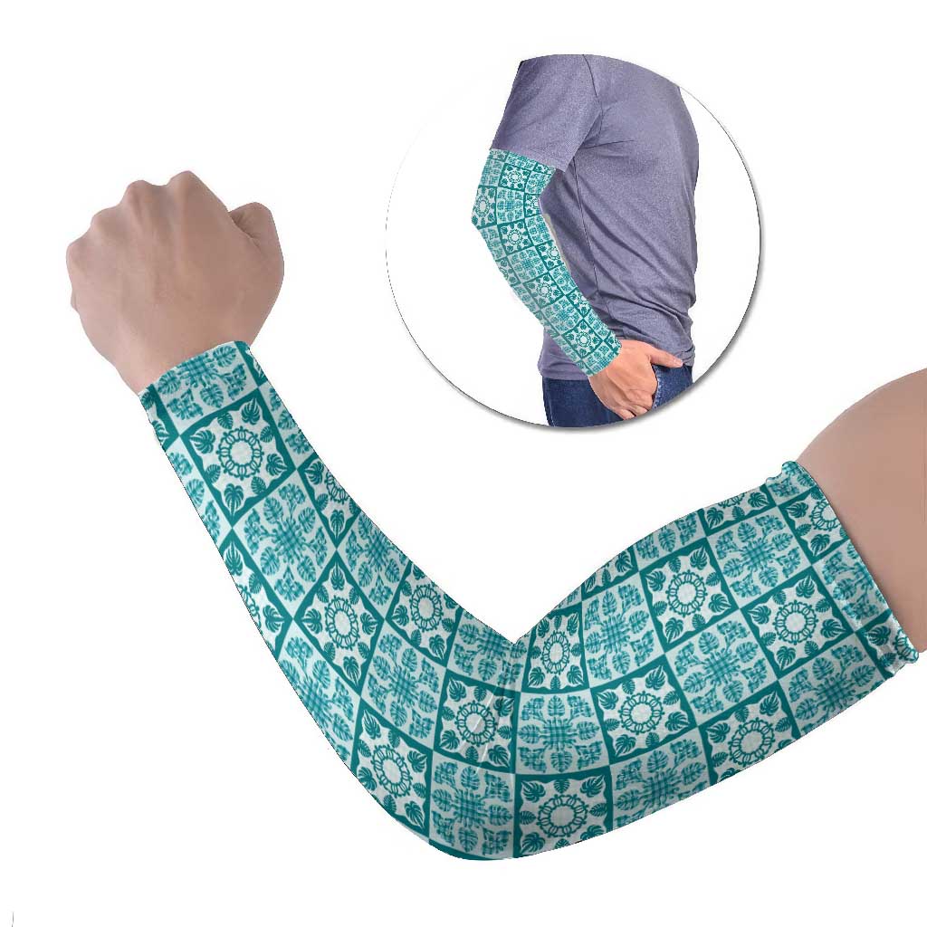Cyan Palaka Quilt Hawaii Arm Sleeves Hawaiian Tropical Monstera Sea Turtle