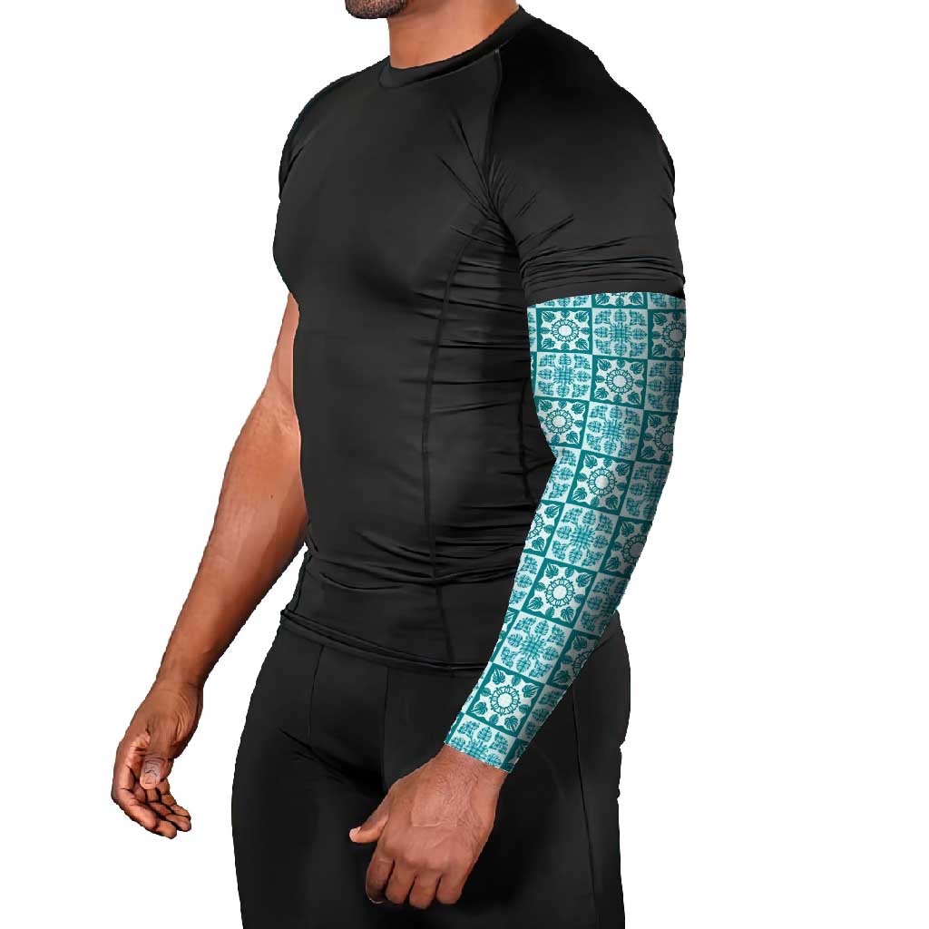 Cyan Palaka Quilt Hawaii Arm Sleeves Hawaiian Tropical Monstera Sea Turtle