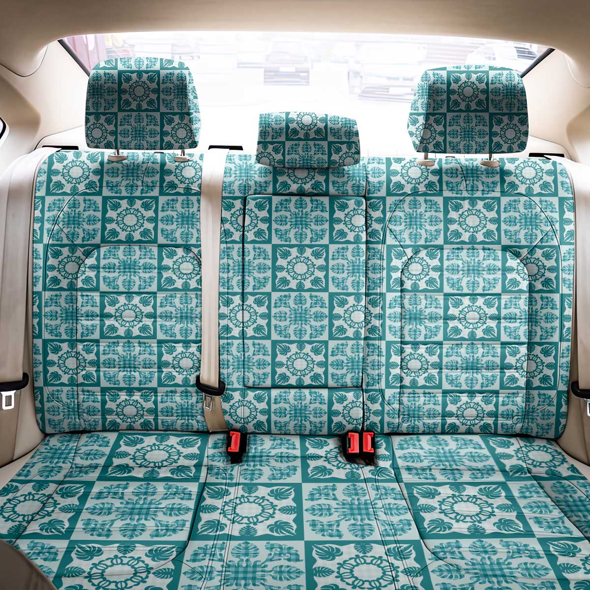 Cyan Palaka Quilt Hawaii Back Car Seat Cover Hawaiian Tropical Monstera Sea Turtle