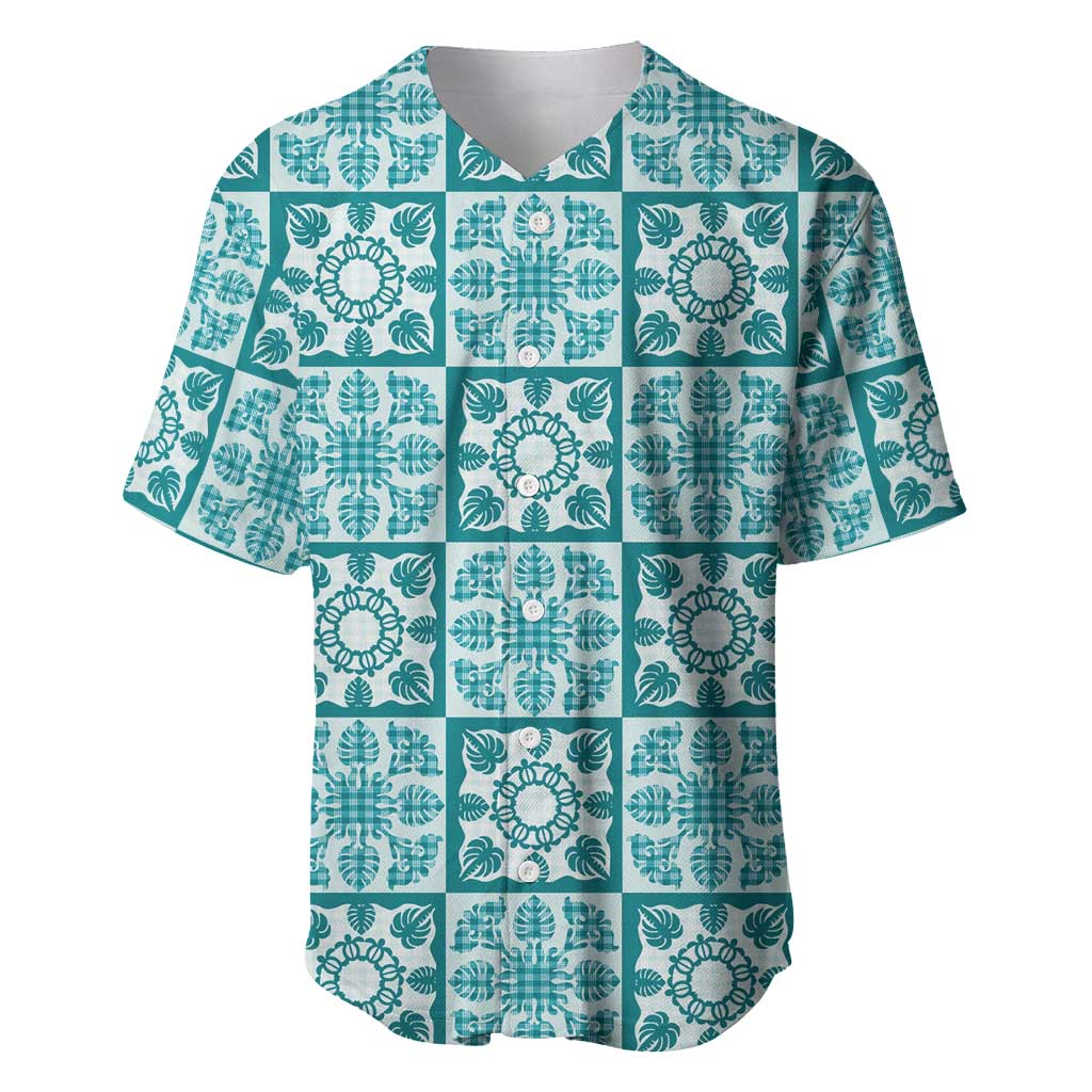 Cyan Palaka Quilt Hawaii Baseball Jersey Hawaiian Tropical Monstera Sea Turtle