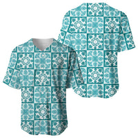 Cyan Palaka Quilt Hawaii Baseball Jersey Hawaiian Tropical Monstera Sea Turtle