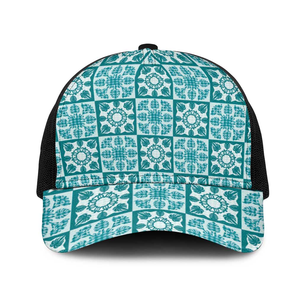 Cyan Palaka Quilt Hawaii Baseball Net Cap Hawaiian Tropical Monstera Sea Turtle