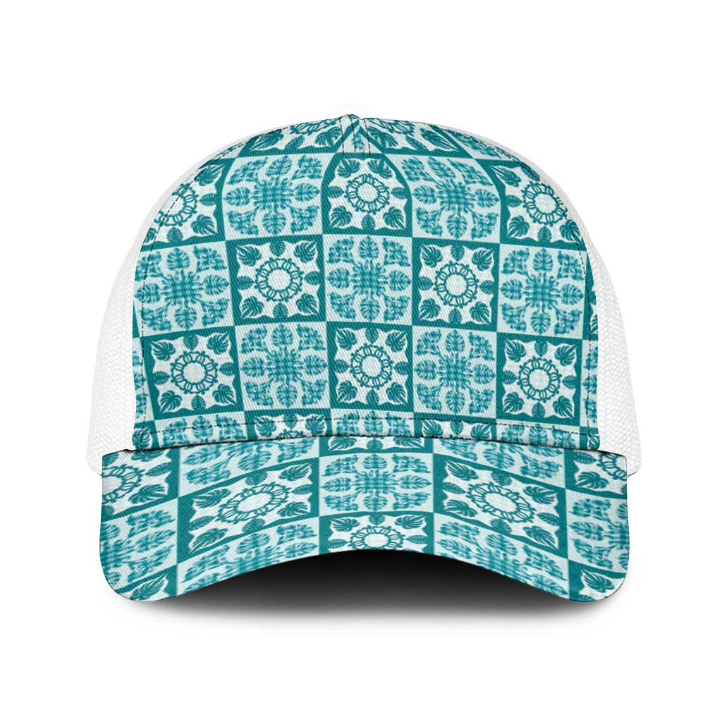 Cyan Palaka Quilt Hawaii Baseball Net Cap Hawaiian Tropical Monstera Sea Turtle