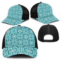 Cyan Palaka Quilt Hawaii Baseball Net Cap Hawaiian Tropical Monstera Sea Turtle