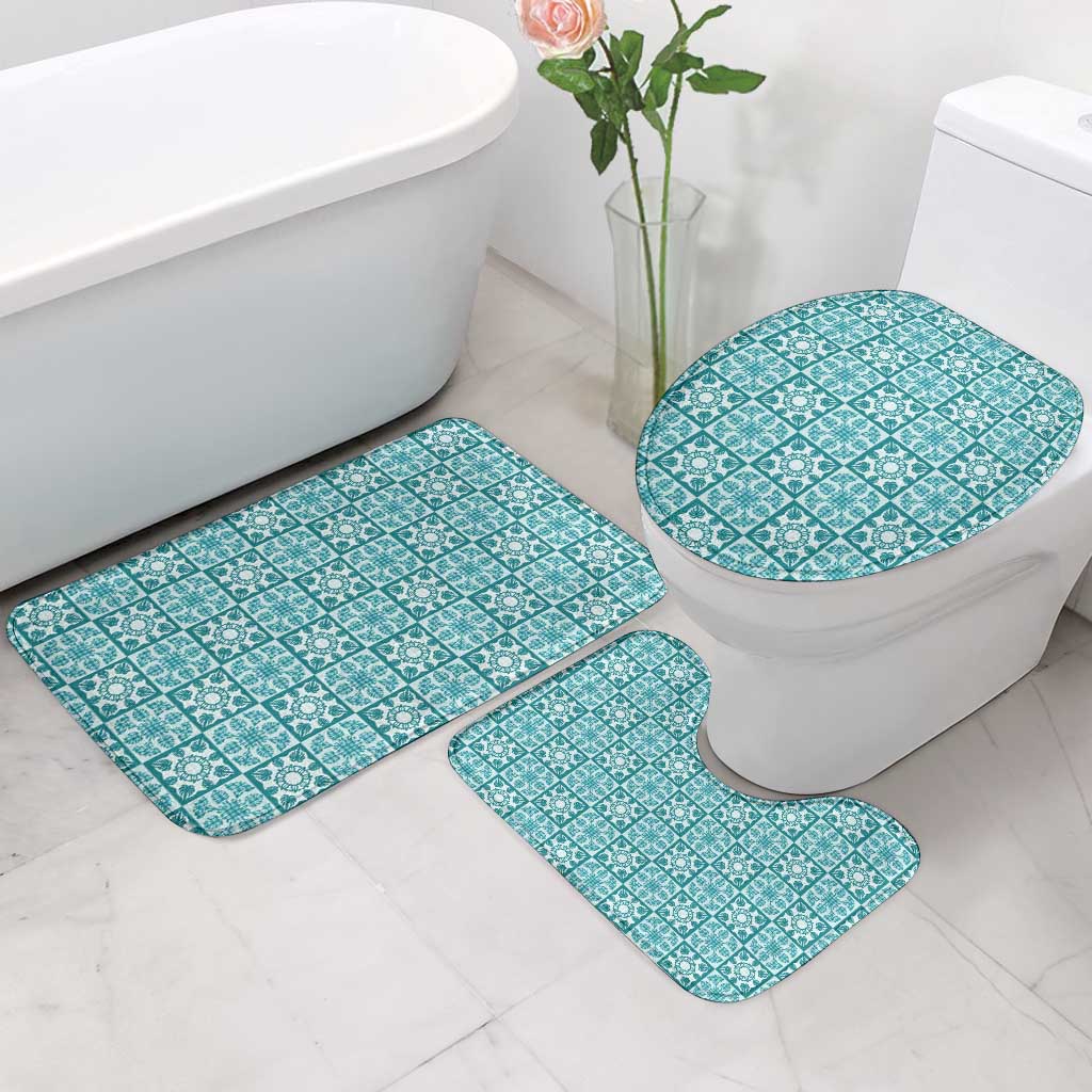Cyan Palaka Quilt Hawaii Bathroom Set Hawaiian Tropical Monstera Sea Turtle