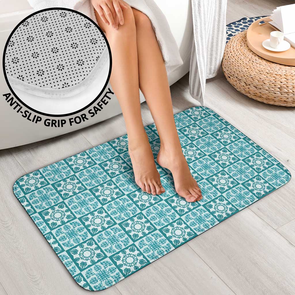Cyan Palaka Quilt Hawaii Bathroom Set Hawaiian Tropical Monstera Sea Turtle