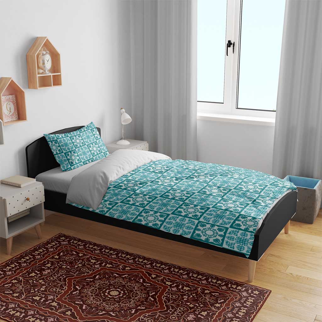 Cyan Palaka Quilt Hawaii Bedding Set Hawaiian Tropical Monstera Sea Turtle