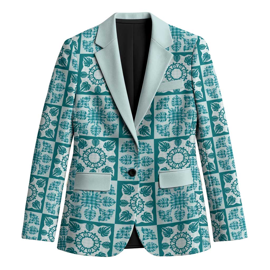 Cyan Palaka Quilt Hawaii Blazer Hawaiian Tropical Monstera Sea Turtle
