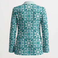 Cyan Palaka Quilt Hawaii Blazer Hawaiian Tropical Monstera Sea Turtle