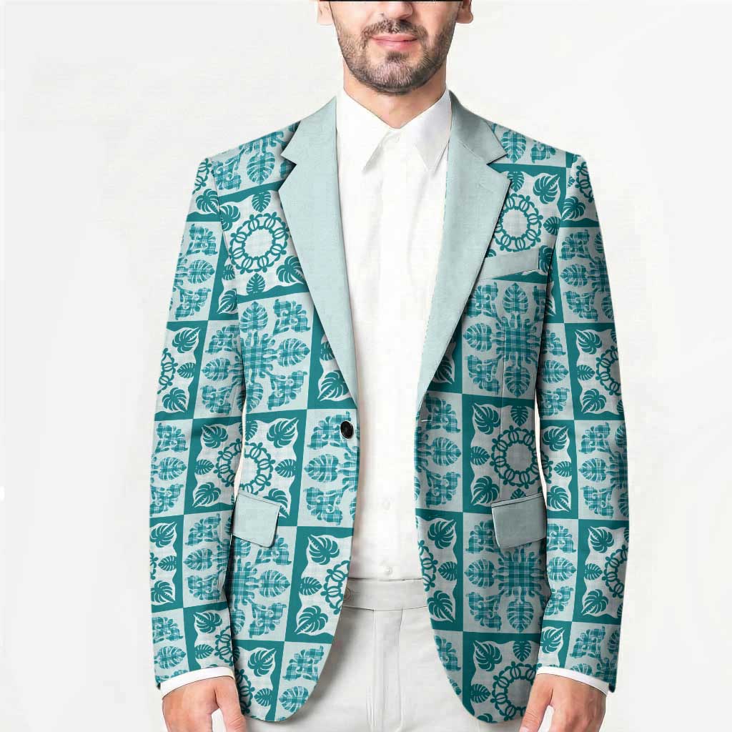 Cyan Palaka Quilt Hawaii Blazer Hawaiian Tropical Monstera Sea Turtle