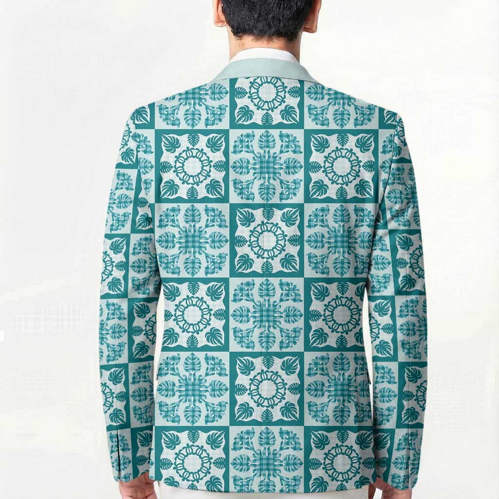 Cyan Palaka Quilt Hawaii Blazer Hawaiian Tropical Monstera Sea Turtle