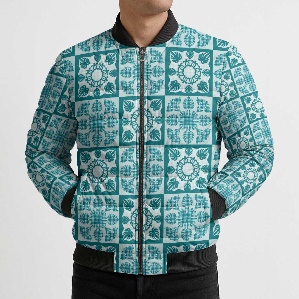 Cyan Palaka Quilt Hawaii Bomber Puffer Jacket Hawaiian Tropical Monstera Sea Turtle