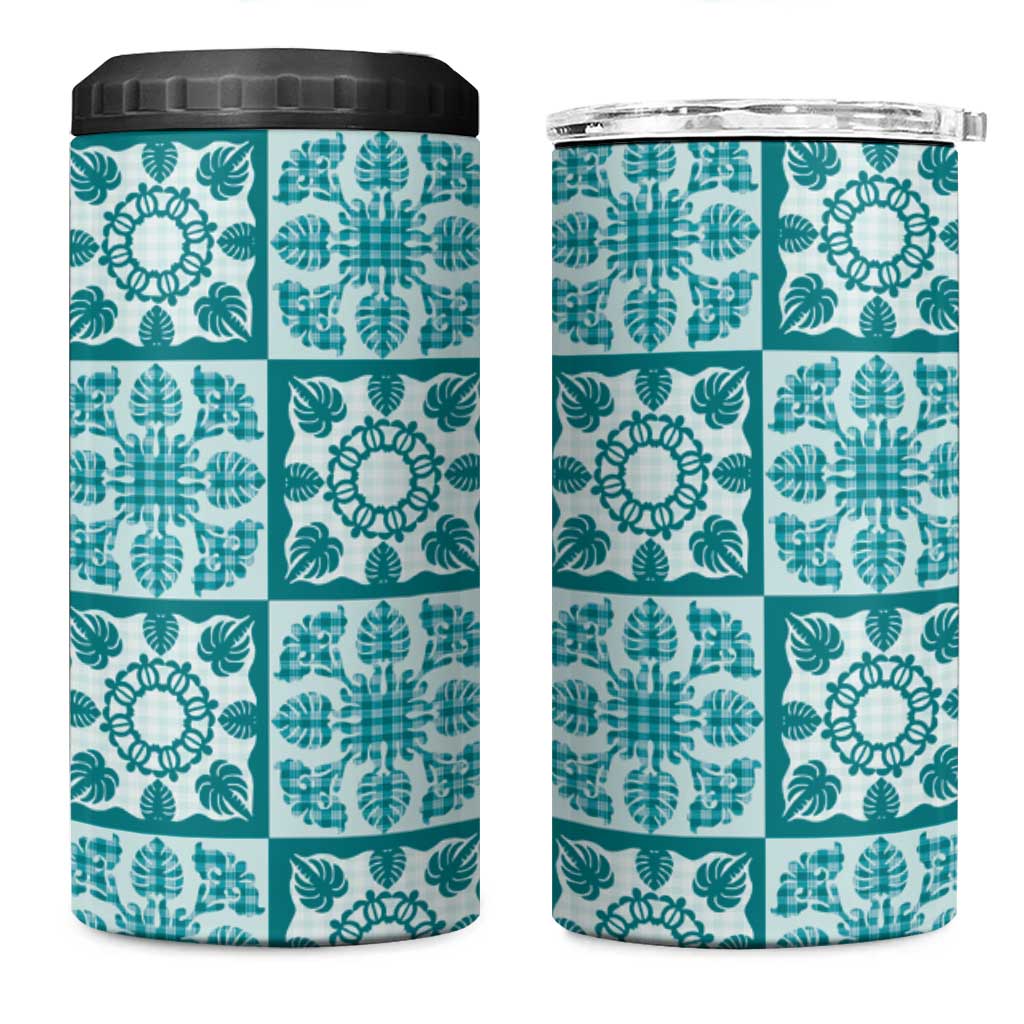 Cyan Palaka Quilt Hawaii 4 in 1 Can Cooler Tumbler Hawaiian Tropical Monstera Sea Turtle