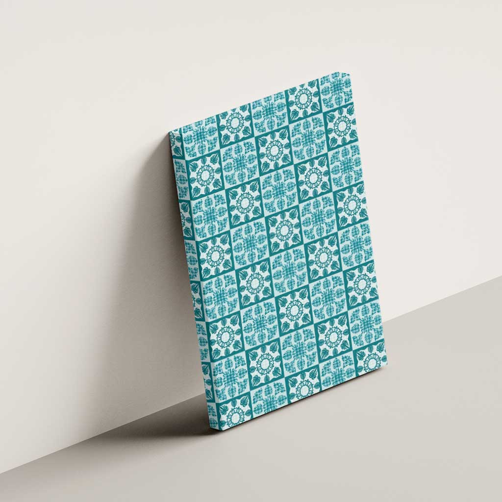 Cyan Palaka Quilt Hawaii Canvas Wall Art Hawaiian Tropical Monstera Sea Turtle