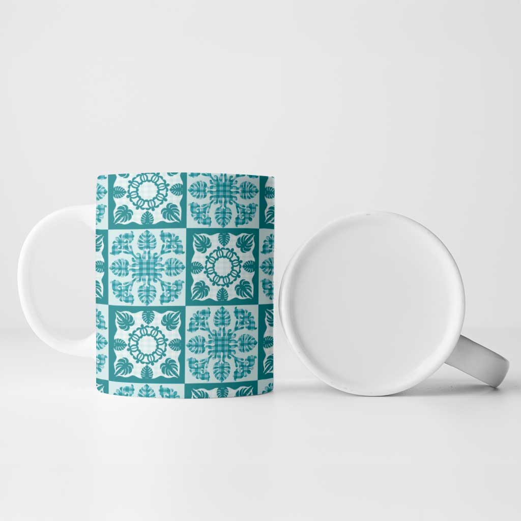 Cyan Palaka Quilt Hawaii Ceramic Mug Hawaiian Tropical Monstera Sea Turtle