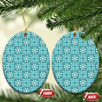 Cyan Palaka Quilt Hawaii Ceramic Ornament Hawaiian Tropical Monstera Sea Turtle LT14 Oval Cyan - Polynesian Pride