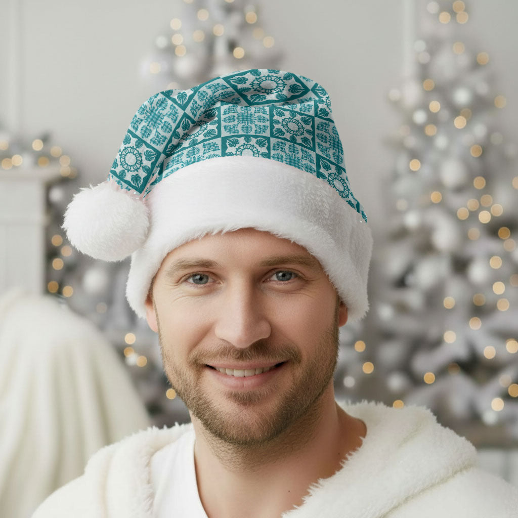 Cyan Palaka Quilt Hawaii Christmas Santa Hat Hawaiian Tropical Monstera Sea Turtle LT14 - Polynesian Pride