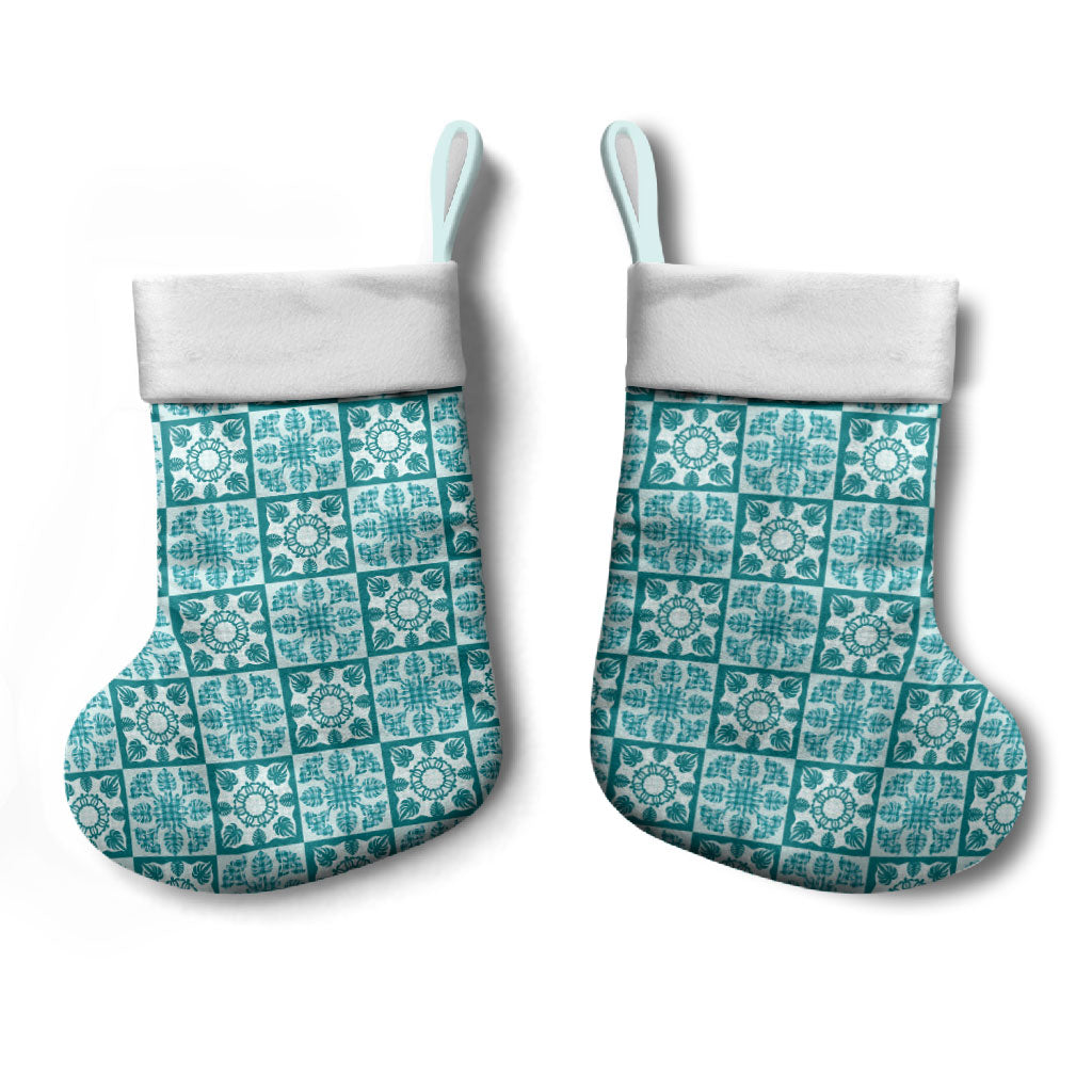 Cyan Palaka Quilt Hawaii Christmas Stocking Hawaiian Tropical Monstera Sea Turtle LT14 - Polynesian Pride
