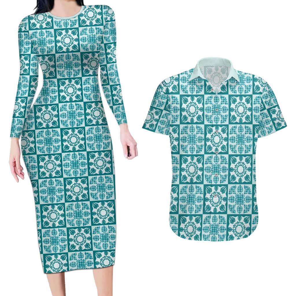 Cyan Palaka Quilt Hawaii Couples Matching Long Sleeve Bodycon Dress and Hawaiian Shirt Hawaiian Tropical Monstera Sea Turtle LT14 Cyan - Polynesian Pride