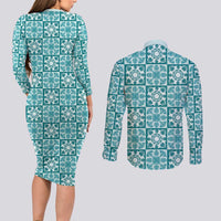 Cyan Palaka Quilt Hawaii Couples Matching Long Sleeve Bodycon Dress and Long Sleeve Button Shirt Hawaiian Tropical Monstera Sea Turtle LT14 - Polynesian Pride