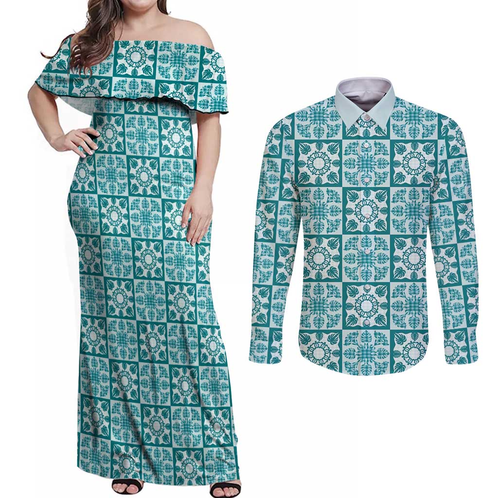 Cyan Palaka Quilt Hawaii Couples Matching Off Shoulder Maxi Dress and Long Sleeve Button Shirt Hawaiian Tropical Monstera Sea Turtle