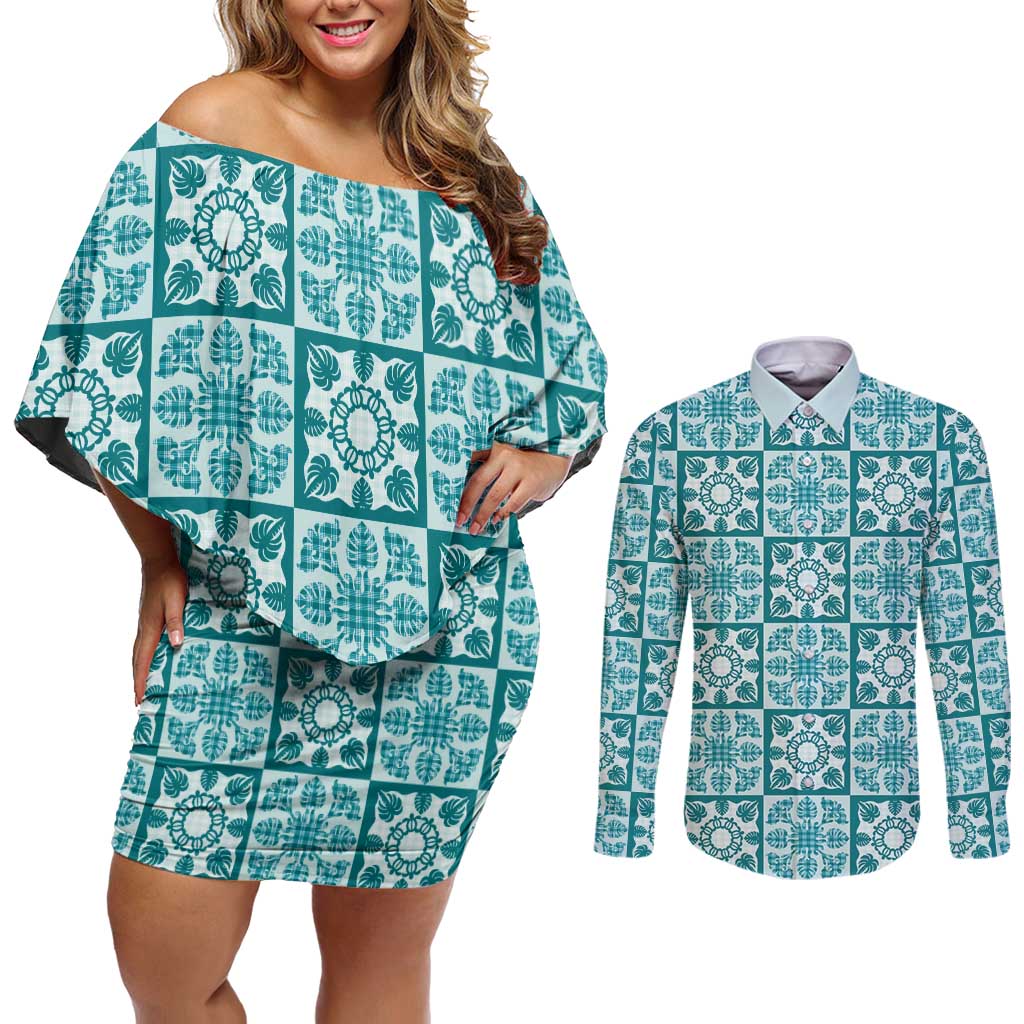 Cyan Palaka Quilt Hawaii Couples Matching Off Shoulder Short Dress and Long Sleeve Button Shirt Hawaiian Tropical Monstera Sea Turtle