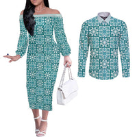Cyan Palaka Quilt Hawaii Couples Matching Off The Shoulder Long Sleeve Dress and Long Sleeve Button Shirt Hawaiian Tropical Monstera Sea Turtle LT14 Cyan - Polynesian Pride