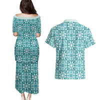 Cyan Palaka Quilt Hawaii Couples Matching Puletasi and Hawaiian Shirt Hawaiian Tropical Monstera Sea Turtle