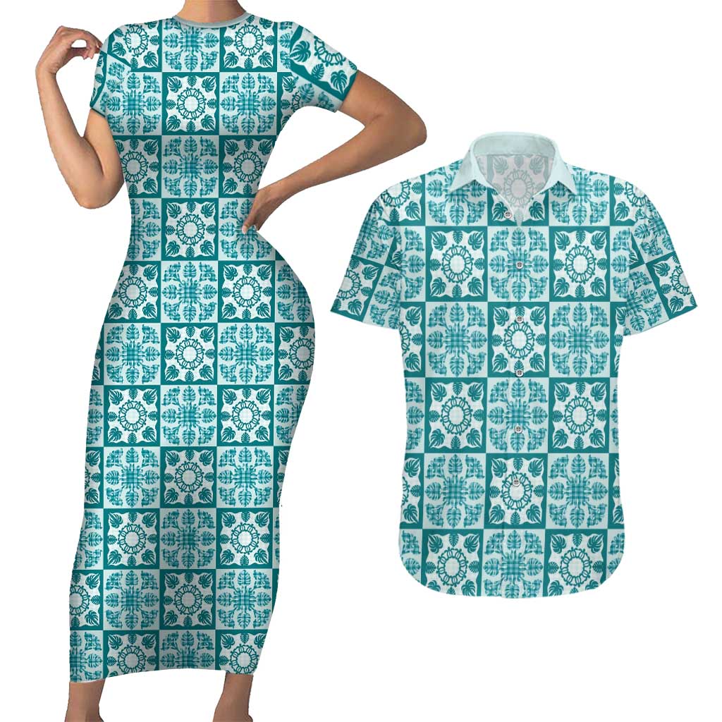 Cyan Palaka Quilt Hawaii Couples Matching Short Sleeve Bodycon Dress and Hawaiian Shirt Hawaiian Tropical Monstera Sea Turtle LT14 Cyan - Polynesian Pride