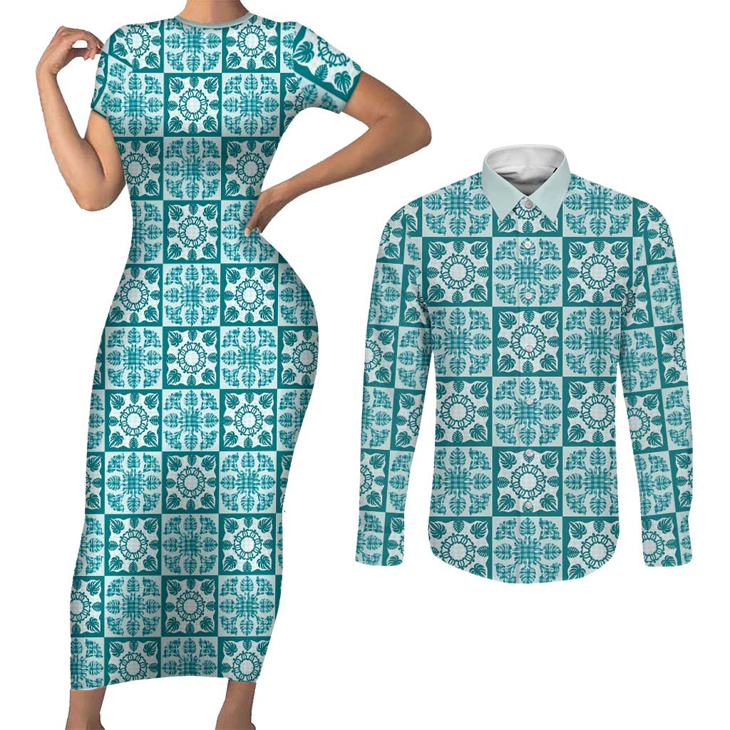Cyan Palaka Quilt Hawaii Couples Matching Short Sleeve Bodycon Dress and Long Sleeve Button Shirt Hawaiian Tropical Monstera Sea Turtle LT14 Cyan - Polynesian Pride