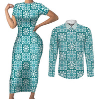 Cyan Palaka Quilt Hawaii Couples Matching Short Sleeve Bodycon Dress and Long Sleeve Button Shirt Hawaiian Tropical Monstera Sea Turtle LT14 Cyan - Polynesian Pride