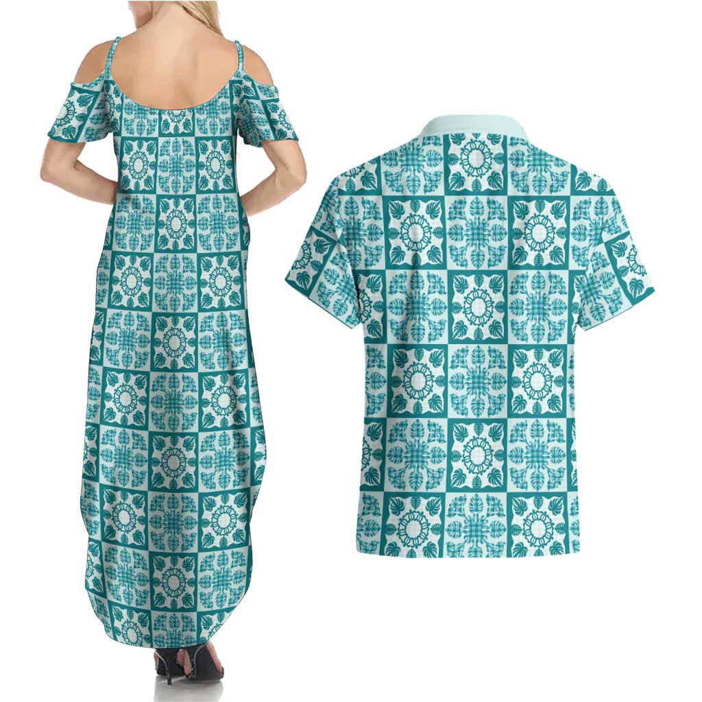 Cyan Palaka Quilt Hawaii Couples Matching Summer Maxi Dress and Hawaiian Shirt Hawaiian Tropical Monstera Sea Turtle LT14 - Polynesian Pride