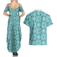 Cyan Palaka Quilt Hawaii Couples Matching Summer Maxi Dress and Hawaiian Shirt Hawaiian Tropical Monstera Sea Turtle LT14 - Polynesian Pride