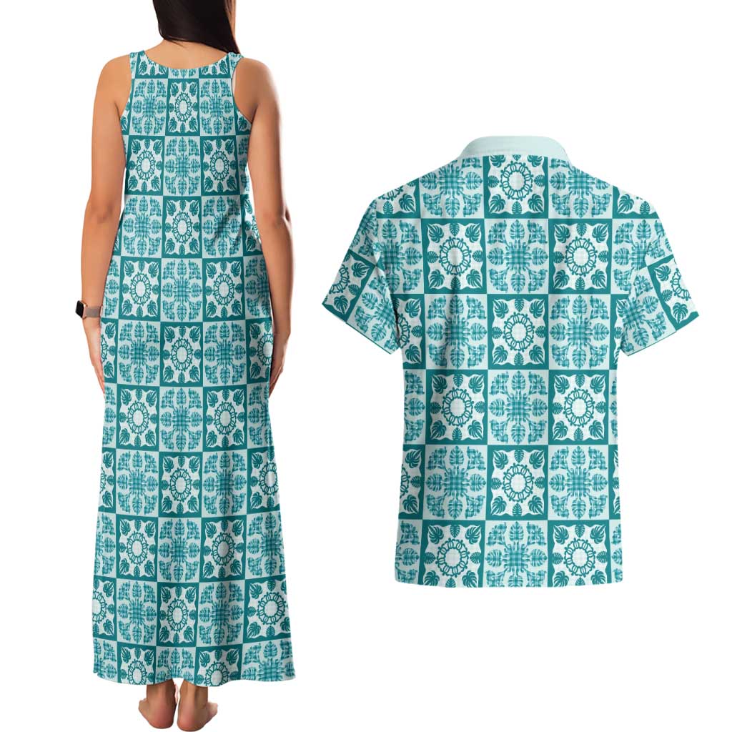 Cyan Palaka Quilt Hawaii Couples Matching Tank Maxi Dress and Hawaiian Shirt Hawaiian Tropical Monstera Sea Turtle LT14 - Polynesian Pride