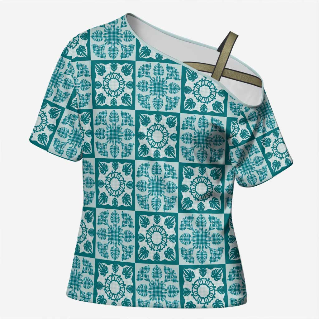 Cyan Palaka Quilt Hawaii Cross Shoulder Shirt Hawaiian Tropical Monstera Sea Turtle