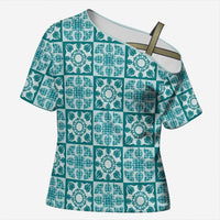 Cyan Palaka Quilt Hawaii Cross Shoulder Shirt Hawaiian Tropical Monstera Sea Turtle