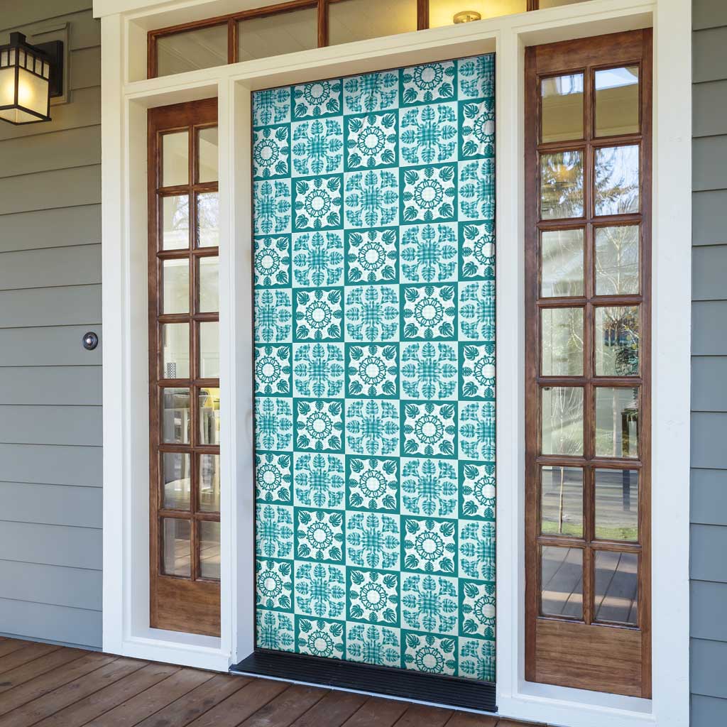 Cyan Palaka Quilt Hawaii Door Cover Hawaiian Tropical Monstera Sea Turtle