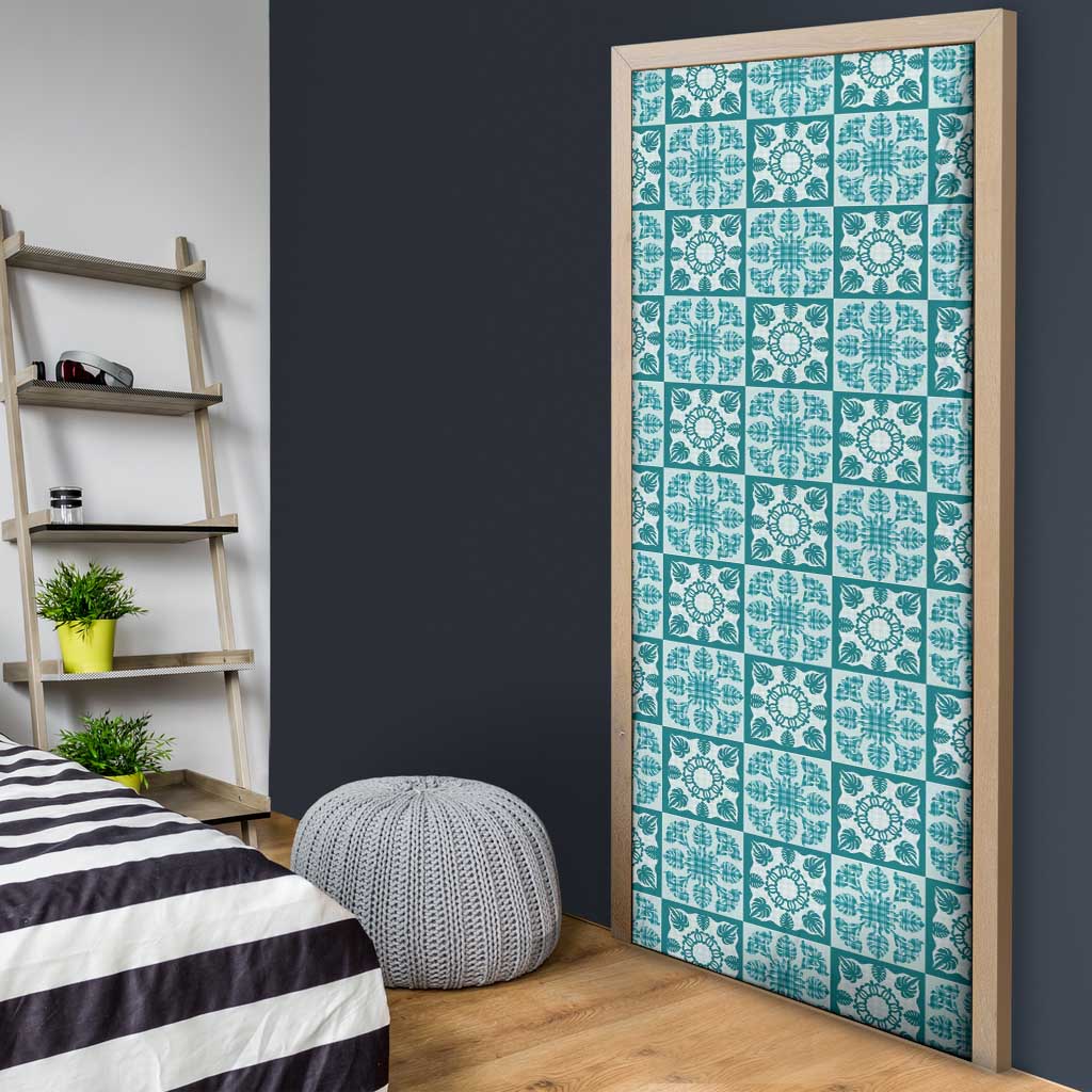 Cyan Palaka Quilt Hawaii Door Cover Hawaiian Tropical Monstera Sea Turtle