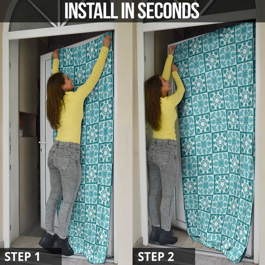 Cyan Palaka Quilt Hawaii Door Cover Hawaiian Tropical Monstera Sea Turtle